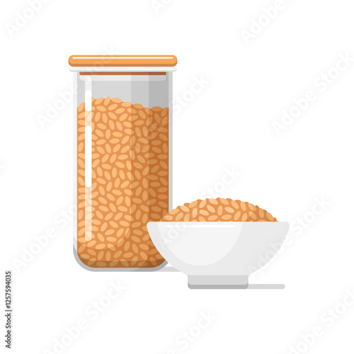 Kitchen food container, glass jar and white ceramic bowl with brown rice. Clear plastic transparent jar with lid for bulk and cereals, vector flat cartoon illustration isolated on background