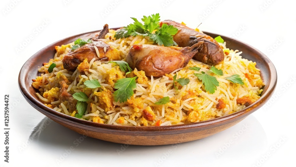 Chicken Biryani in Wooden Bowl, White Background Chicken Biryani in Wooden Bowl, White Background