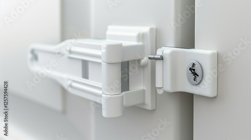 A childproof cabinet lock with an easy-to-use safety latch, isolated on white. The strong adhesive and secure mechanism prevent accidental openings.