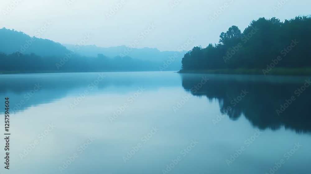 Fototapeta premium Serene Misty Lake Landscape with Distant Hills
