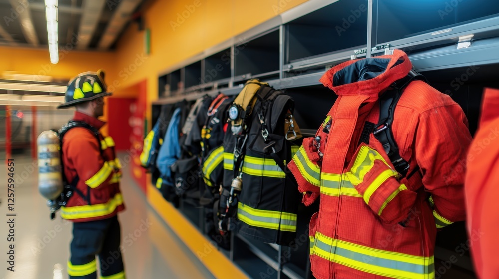 custom made wallpaper toronto digitalFirefighters Gear and Equipment in Fire Station, Showing Colorful Suits, Firefighter Preparing for Emergency Response Action in Modern Facility