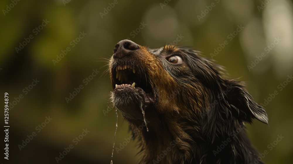 Fototapeta premium Aggressive rabid dog snarling with frothy saliva, intense eyes, and raised fur, isolated on a blurred background. Concept of danger, wild animal behavior, and rabies awareness