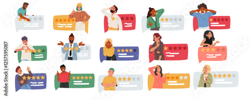 Diverse people customer cartoon characters giving feedback leaving quality rating stars and comment