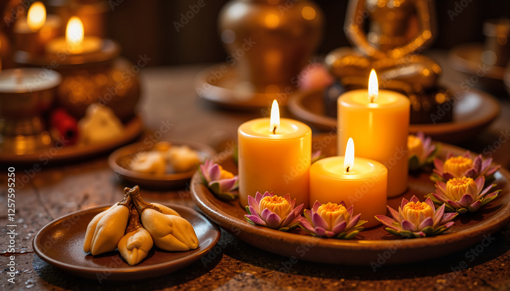 Sanctuary with numerous offerings, including golden candles, folded lotus flowers, and small bowls of water, softly glowing in the temple's dim light, highlighting tranquility and sacred rituals Sanctuary with numerous offerings, including golden candles, folded lotus flowers, and small bowls of water, softly glowing in the temple's dim light, highlighting tranquility and sacred rituals