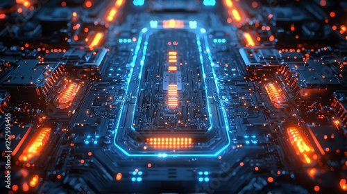 A computer showcasing a neon glimmering digital technology circuit board in a bright blue, futuristic color. The scene is an abstract connection concept presentation, supported by a background of