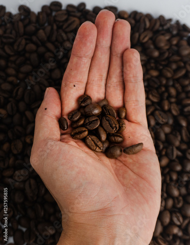  Coffee beans on the palm of the hand, with a coffee background