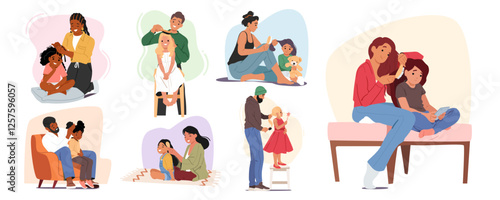 Parents combing children hair making coiffure enjoying morning routine and hygiene daycare procedure