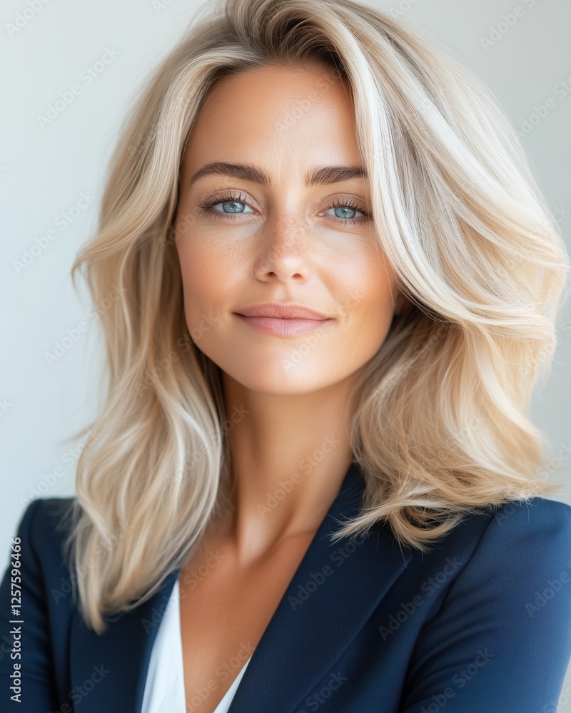 Naklejka premium Confident blonde businesswoman in a navy suit, looking directly at the camera with a poised expression.