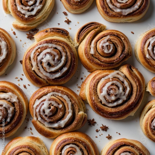 A minimalist flat-lay of cinnamon rolls, steaming and delicious, on a white background.