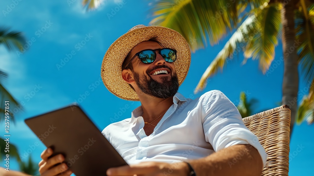 Fototapeta premium A cheerful man wearing sunglasses and a straw hat relaxes on a beach chair, enjoying his tablet under palm trees on a sunny day, embodying the essence of leisure and enjoyment.