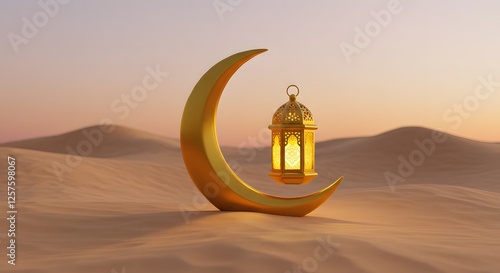 Celebrate Chand Raat and Eid with Golden Crescent Moon and Lantern in Desert Night Sky

