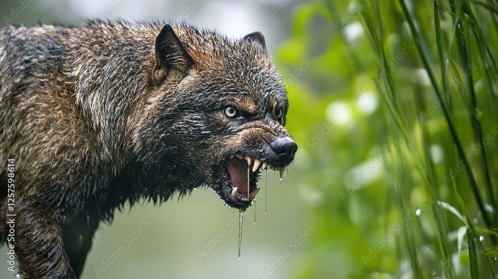 Fototapeta premium Aggressive rabid dog snarling with frothy saliva, intense eyes, and raised fur, isolated on a blurred background. Concept of danger, wild animal behavior, and rabies awareness