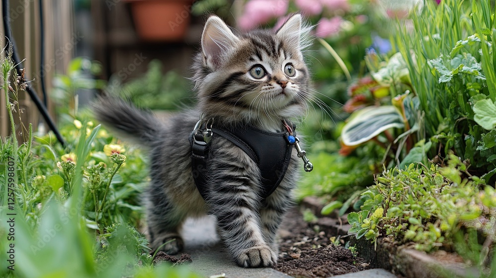 A tiny fluffy kitten taking its first steps in the garden on a leash, filled with curiosity and wonder as it explores the green grass in spring. A tiny fluffy kitten taking its first steps in the garden on a leash, filled with curiosity and wonder as it explores the green grass in spring.