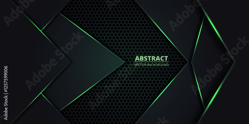 Dark abstract background with hexagon grid and green luminous lines and arrow shapes. Technology vector illustration