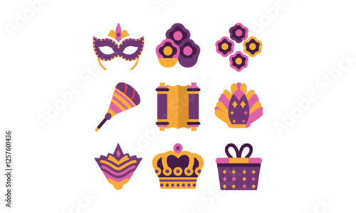 Purim Festival Vector Set: Masks, Hamantaschen, Megillah, Parade, Gift Basket & Celebration Icons - Jewish Holiday Illustration. Print ready eps