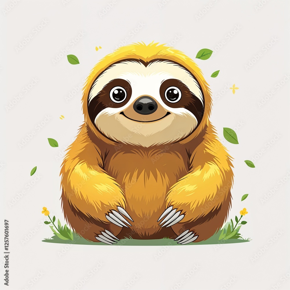 Obraz premium Cute yellow sloth cartoon illustration on plain white background