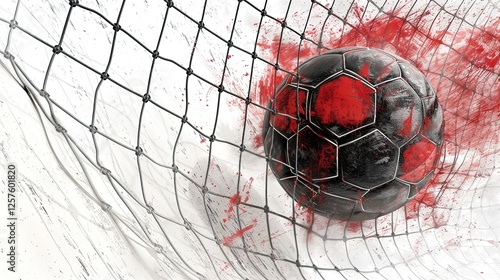 Black-red soccer ball with red goal net illustration, pencil and watercolor sketch, 3d cg high-resolution sports art with dynamic motion