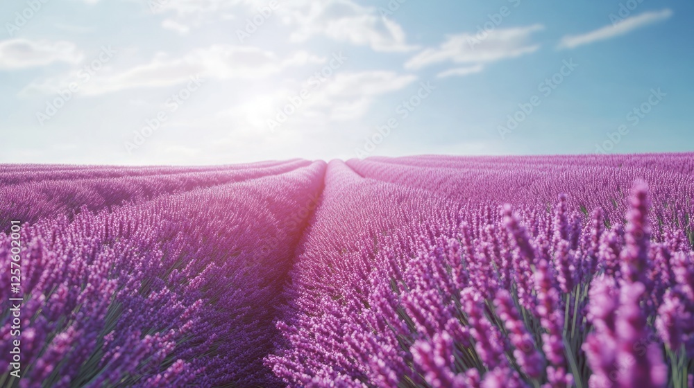 Obraz premium A vibrant lavender field under a sunny sky, showcasing nature's beauty and tranquility.