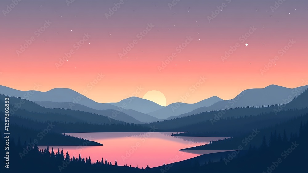 Fototapeta premium Serene Sunset Over Mountain Lake and Forest