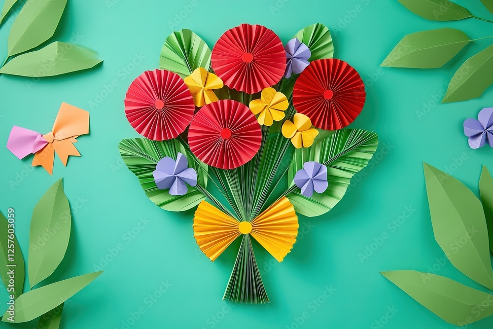 Obraz premium Vibrant Paper Flower Bouquet Arrangement on Teal Background