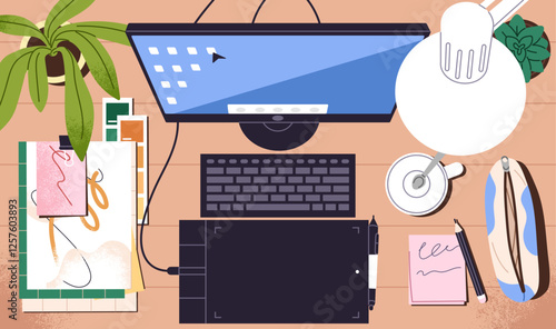 Tidy workplace of artist with graphic tablet top view. Clean computer table with drawing stationery, art books. Neat desk with keyboard, monitor, lamp. Workspace organization. Flat vector illustration