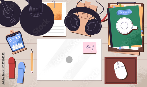Tidy desk with laptop, headphones and heap of notebooks top view. Clean table with order for learning. Neat workplace with stationery. Organization of student's workspace. Flat vector illustration