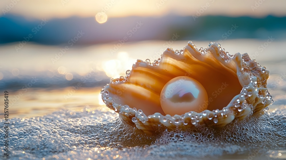 A single lustrous pearl resting delicately on a smooth seashell with soft natural light illuminating the pearl s surface The blurred ocean backdrop provides a serene tranquil setting A single lustrous pearl resting delicately on a smooth seashell with soft natural light illuminating the pearl s surface The blurred ocean backdrop provides a serene tranquil setting