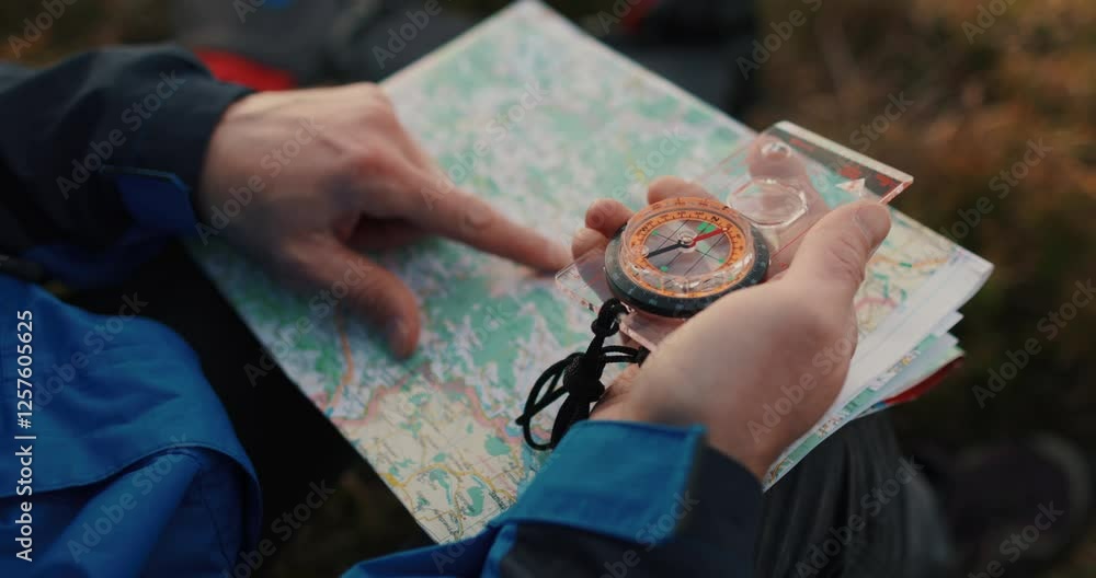 Close-up footage of a traveler's hands holding a map and compass in the ...