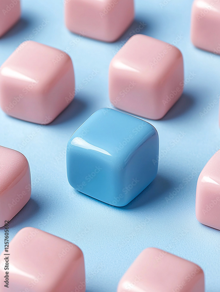 Glossy pink cubes surround a single blue cube on a light blue surface, creating a minimal, colorful pattern. Glossy pink cubes surround a single blue cube on a light blue surface, creating a minimal, colorful pattern.