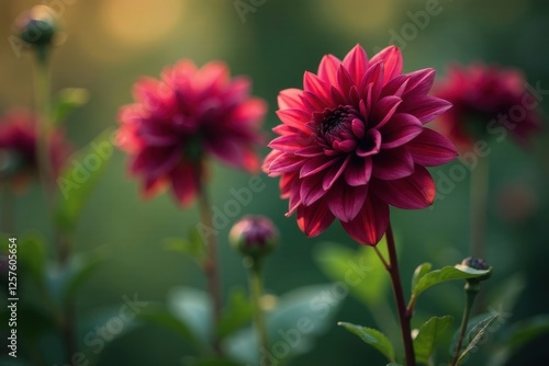 Close-up view of vibrant crimson dahlias in soft sunlight, showcasing delicate petals and lush green foliage