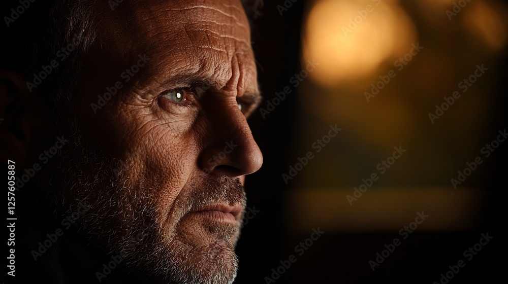 Close Up Portrait Of A Mature Man In Thought With A Dark Background Close Up Portrait Of A Mature Man In Thought With A Dark Background