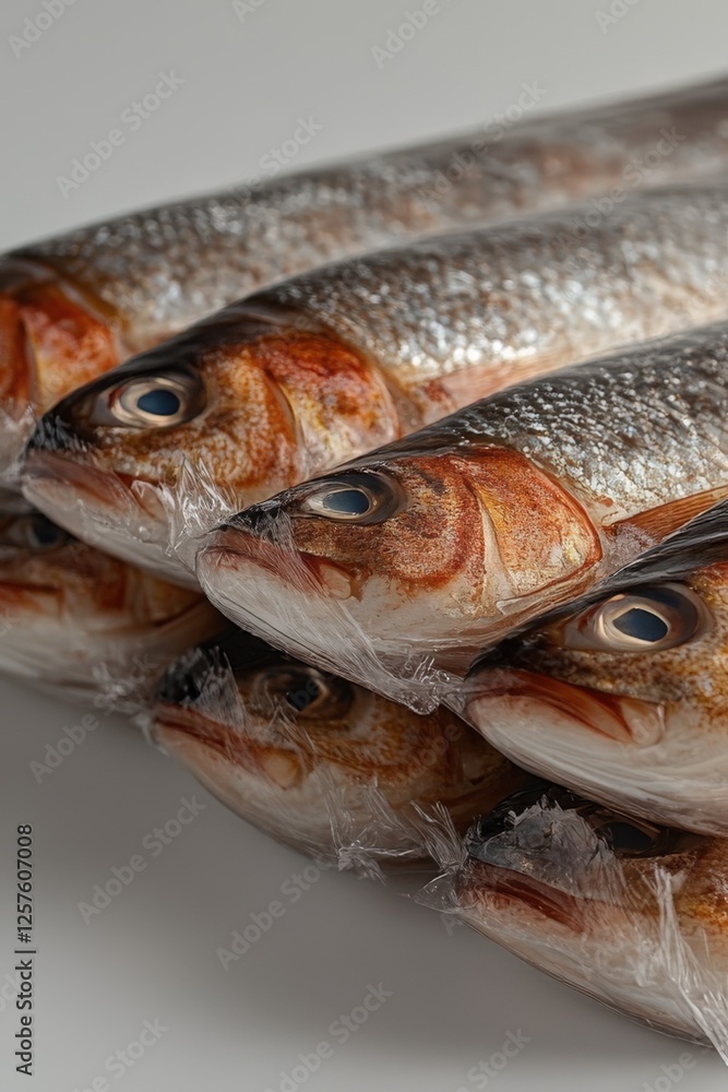 Freshly frozen fish stacked neatly in transparent packaging for sale Freshly frozen fish stacked neatly in transparent packaging for sale