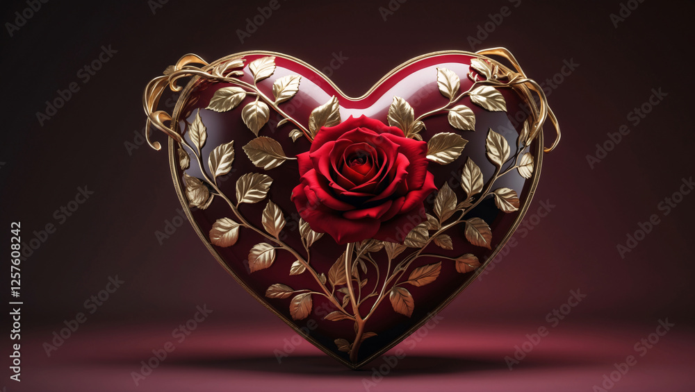 Obraz premium Beautiful Deep Red Heart Shaped Ornament Wrapped in Golden Stem of Blooming Red Rose on Dark Red Background for Chic Wedding and Holiday Gift Ideas Romantic Wallpaper Background
