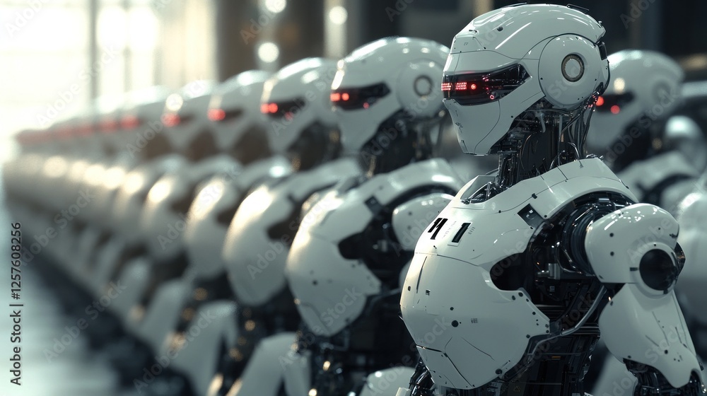 Fototapeta premium Engineers programming a fleet of smart industrial robots for an automated production cycle, emphasizing innovation