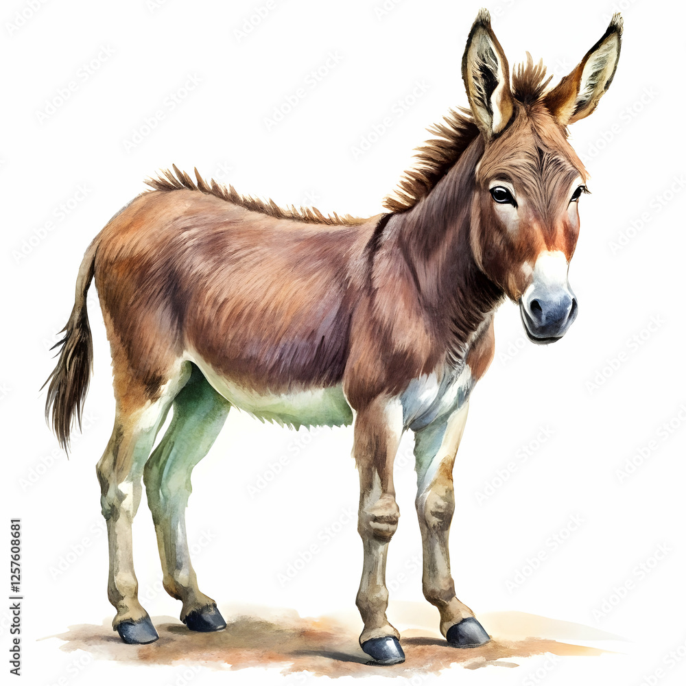 Obraz premium Donkey Portrait: A charming brown donkey stands against a subtle ground backdrop, its soft fur and expressive eyes creating a captivating image.
