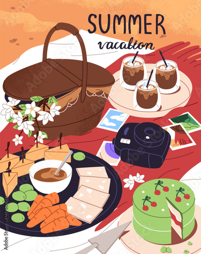 Picnic on beach poster design. Basket with flowers is on blanket with food, fruit, glasses of drink on sea shore. Summer eating at nature, romantic date outdoors postcard. Flat vector illustration