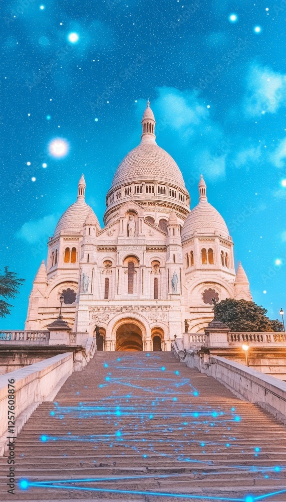Fototapeta premium Sacre Coeur Basilica, Majestic Paris Landmark Blue Dot Outline on Stairway at Twilight