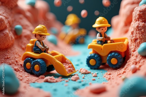 A Colorful Construction Site with Miniature Toy Figures Engaging in Excavation Activities in a Vibrant Orange Sand Environment