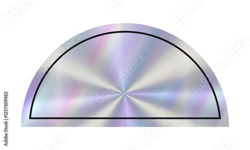 A metallic half circle displays a shiny, reflective surface with a striking iridescent pattern. The abstract Hologram design emphasizes geometric simplicity and elegance. Holographic sticker.