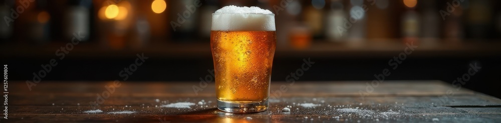 Condensation-covered glass of beer on dark wood table , tavern, beverage Condensation-covered glass of beer on dark wood table , tavern, beverage