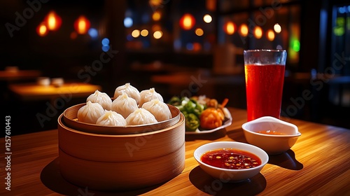 A mouthwatering display of steamed dumplings served with vibrant dipping sauces and a refreshing beverage, set against a softly lit restaurant backdrop, inviting a delightful dinin photo