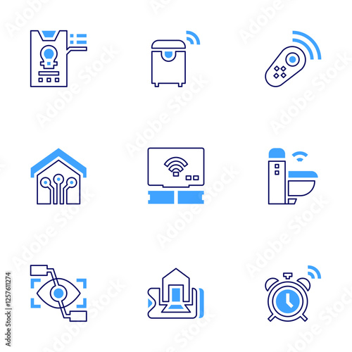 Smart house icon set. Bold line style. Duotone colors. Editable stroke. control, toilet, alarm, remote, smart home, smart trash, smart tv