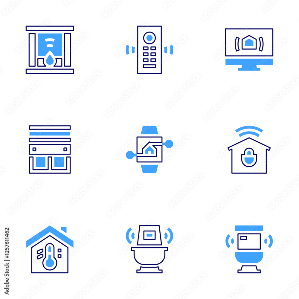 Smart house icon set. Bold line style. Duotone colors. Editable stroke. shower, smart home, smartwatch, toilet, pc, smartphone, remote control Smart house icon set. Bold line style. Duotone colors. Editable stroke. shower, smart home, smartwatch, toilet, pc, smartphone, remote control