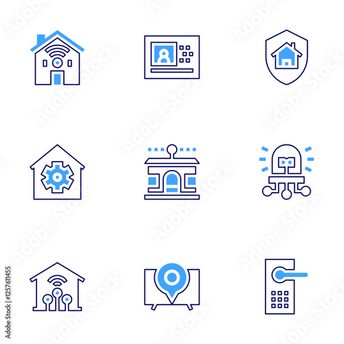 Smart house icon set. Bold line style. Duotone colors. Editable stroke. shield, smart house, smart home, smart door, door handle, video, home automation, smart tv