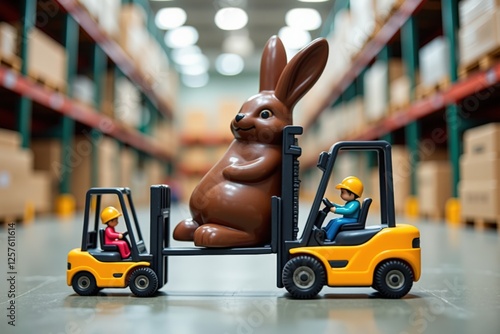 A Playful Scene of Toy Forklifts Transporting a Large Chocolate Bunny in a Warehouse, Showcasing a Unique Blend of Fun and Industry