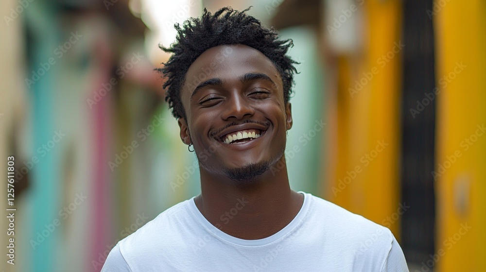 Radiating happiness, a young black man laughs joyfully in a cheerful alley adorned with bright colors. Surrounded by vibrant walls, the atmosphere feels alive and warm, capturing a delightful moment Radiating happiness, a young black man laughs joyfully in a cheerful alley adorned with bright colors. Surrounded by vibrant walls, the atmosphere feels alive and warm, capturing a delightful moment