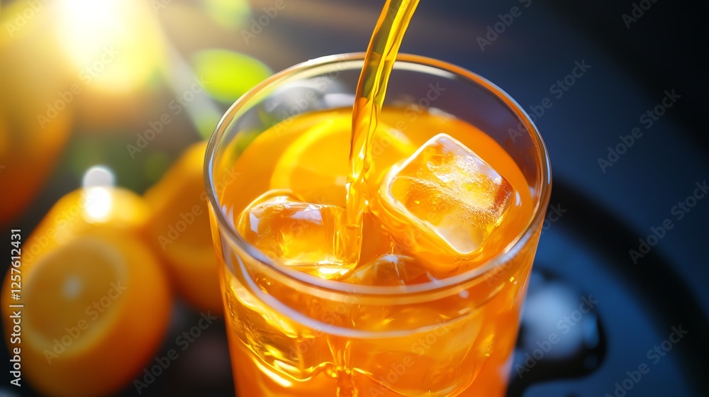 A refreshing orange drink poured over ice, with vibrant oranges in the background, evoking a sense of summer and relaxation. Ideal for beverage or lifestyle imagery. A refreshing orange drink poured over ice, with vibrant oranges in the background, evoking a sense of summer and relaxation. Ideal for beverage or lifestyle imagery.