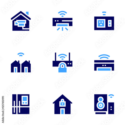 Smart house icon set. Bold style. Duotone colors. smart home, smart city, smart fridge, power socket, air conditioner, speaker, wifi, security