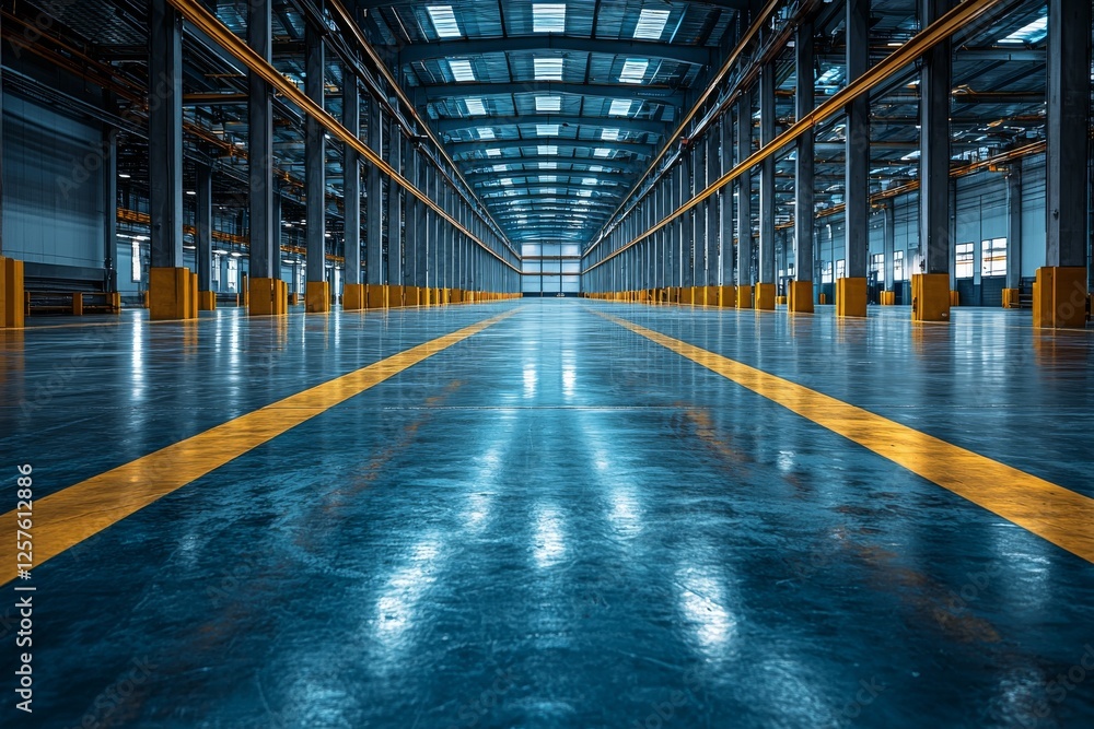 Fototapeta premium Inside a huge, silent warehouse, rows of overhead lights cast their glow across the shiny floor, stretching the view out widely