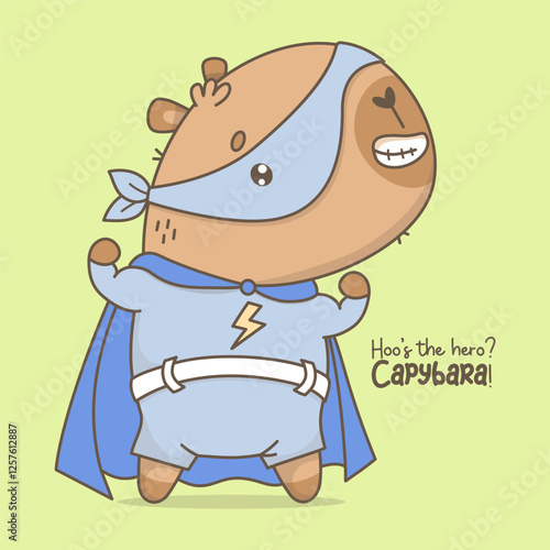 Cute superhero Capybara in hero mask and raincoat. Funny smiling kawaii character animal. Vector illustration. Cool card with slogan. Kids collection